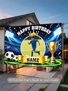 Customizable Photo & Name Football Theme Happy Birthday Backdrop Banner, Gold Trophy, Ribbon, Victory Celebration, Fan Personalized Design, Suitable For Football Birthday Party Cake Table Decoration, Portrait Photography Banner, Vinyl Material - Blue - View 5