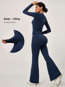 NcmRyu One Set Women's Round Neck Fitted Soft Long Sleeve High Waist Comfortable Flared Leggings Gym Training Running Aerobics Yoga Pilates Workout Set - Blue - View 2