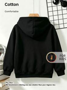 Kids Hooded Sweatshirt, Felt Style French Bulldog Striped Sweater Bone Graphic Print Thick Fleece Lined Pullover For Kids - Black - View 10
