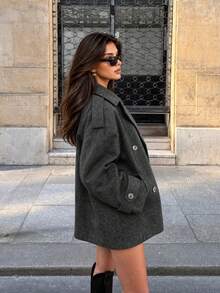 Women's Chic Fall Winter Double Breasted Lapel Loose Mid‑Length Coat, Sophisticated Outfit For Commute, Date, Gathering & Casual Occasions - Dark Grey - View 4