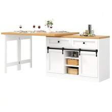 360° Swivel Kitchen Island With Barn-Style Sliding Doors 120–197 Cm, 2 Drawers And Adjustable Shelves, White - White - View 10