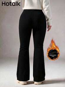 Hotalk Plus Size Winter Thickened Thermal Fleece Lined High-Waisted Flare Leggings - Black - View 4