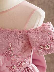 Gaun Pesta Ulang Tahun Anak Perempuan Model Puff Satin dengan Leher Bulat dan Bordir Pita yang Indah, Cocok untuk Pesta Malam dan Wisuda. - Dusty Pink - View 7