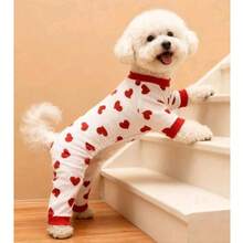 1pc New Dog Four-Corner Fleece Thickened Heart Pattern Pet Clothing Warm Outfit For Autumn/Winter - Red and White - View 5