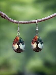 YUJUGLOW 1 Pair Dreamy Colorful Rainbow Tree Of Life Pattern With 316 Stainless Steel Water Drop Earrings, Suitable For Women's Daily Wear - Dark Grey - View 2