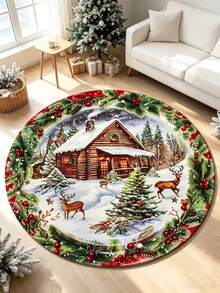 1pc Reindeer & Pine Forest Winter Snow Scene Round Rug, Decorative Carpet, Bedroom Decor, Small Rug, Carpet, Home Decor, Living Room Rug, Living Room Small Rug, Bedroom Rug, Living Room Home Decor, Outdoor Rug, Washable Rug - Multicolor - View 3