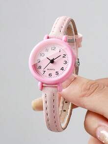 Women's Fresh Petite Thin PU Strap Quartz Watch, Minimalist Small Digital Dial Watch For Girls And Students Daily Wear, Gift Watch (1pc/Set) Watch Box Not Included - Pink - View 4