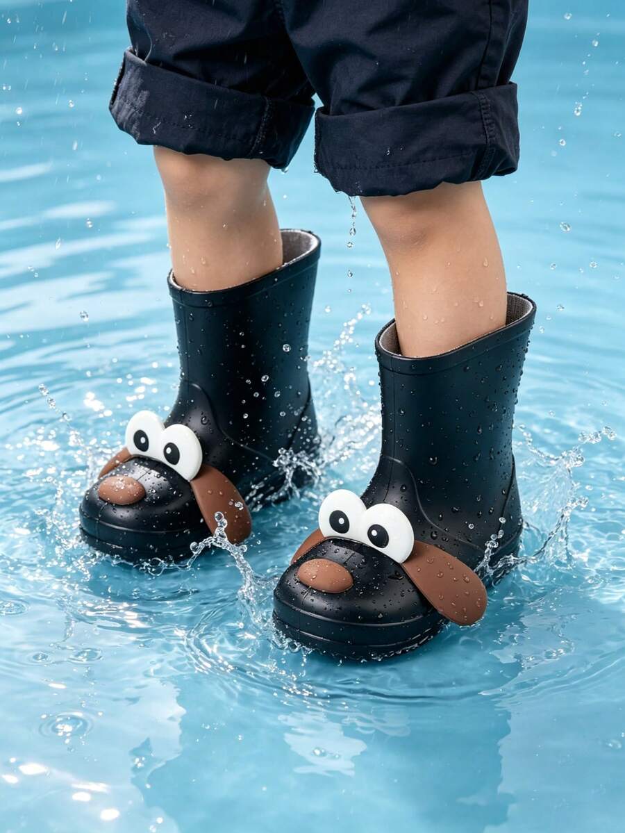 3D Puppy Design Rain Boots, Unisex Toddler Outdoor Water Shoes, Cute Cartoon Rain Boots - Black - View 1