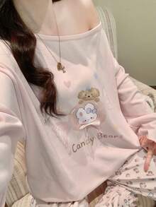 2pcs Women's Pajama Set, Pullover Round Neck Asymmetrical Shoulder Cute Animal Print Long Sleeve Pants, Easy Care Fabric - Pink - View 5