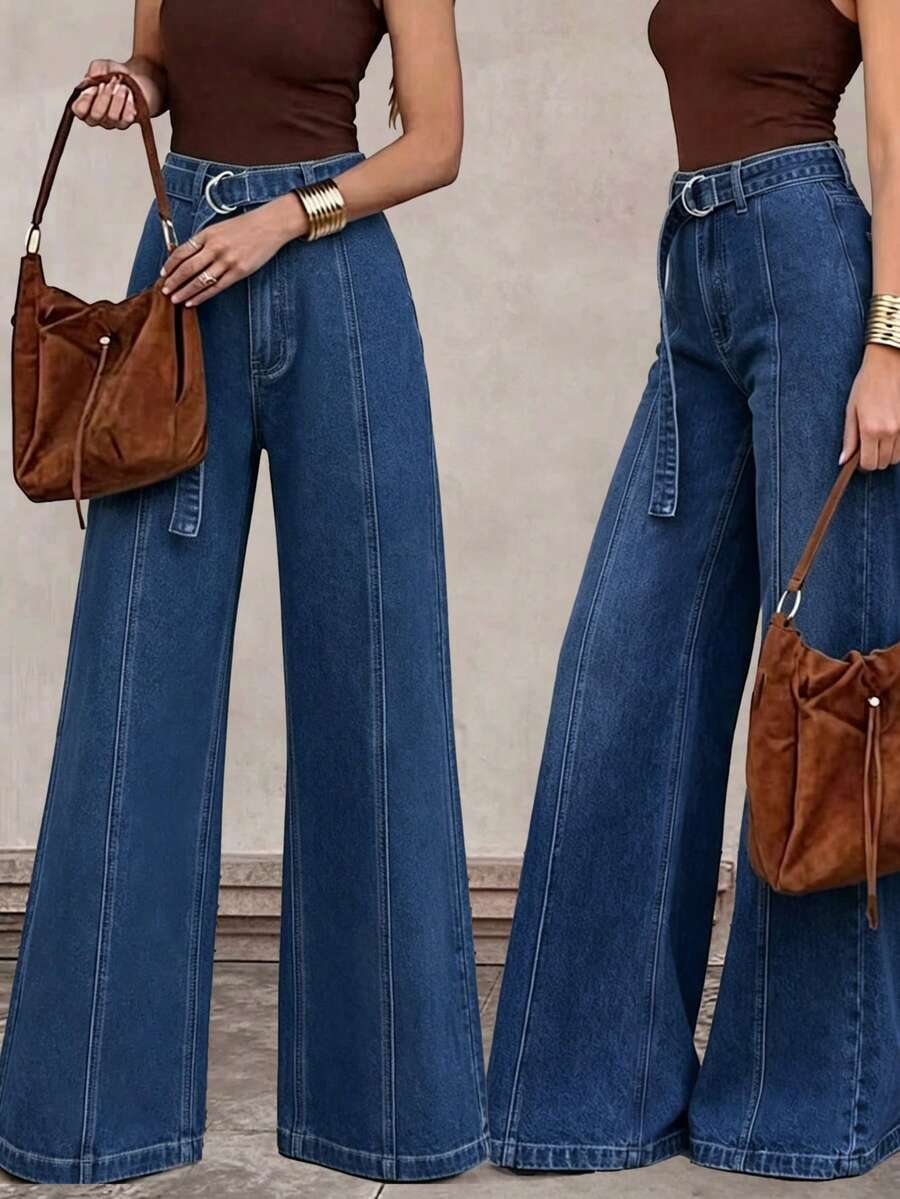 Vintage Blue Mid-Waist Flare Jeans With Vertical Stitching Detail And Detachable O-Ring Belt - Medium Wash - View 1