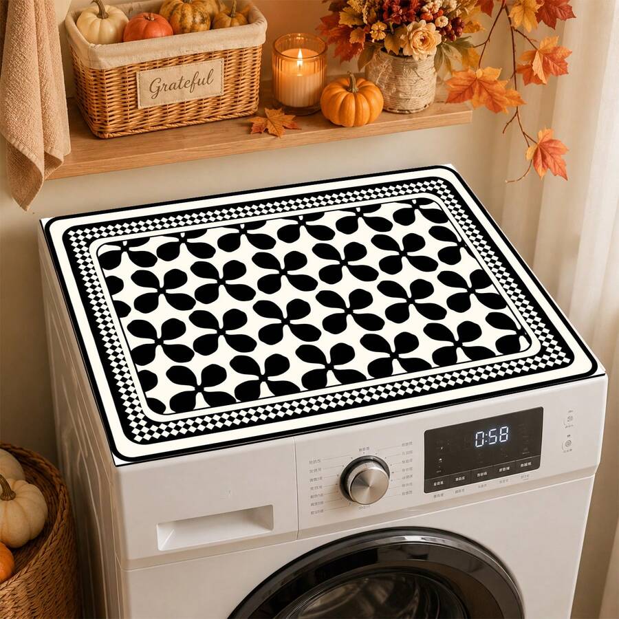 Luckybutterfly Black And White Vintage Floral Washing Machine Top Cover Mat, Anti-Slip Waterproof Dust-Proof Washing Machine Dryer Protective Pad, Suitable For Laundry Room Home Decor - Black - View 1