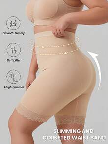 Plus Size Shapewear Shorts For Women, High Waist Firm Tummy Control Mid-Thigh Slimmer, Lace Trim Body Shaper Panties - Apricot - View 2