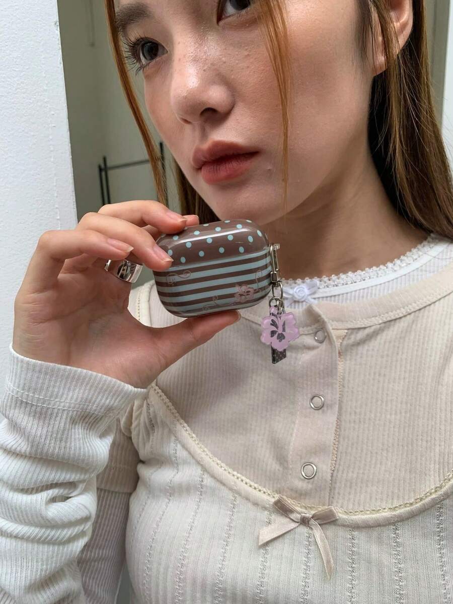 條紋波點扶桑花耳機保護殼,適用 Pro 3、第 4 代無線藍牙 Apple 1/2、Pro 新 3 代、Pro 2,防摔保護套,韓系風格 - 棕色 - 查看 1