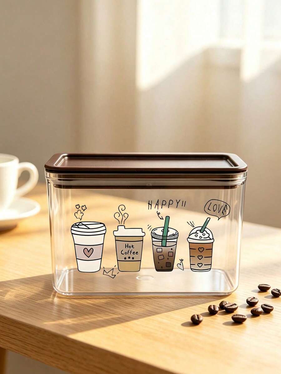 Cute Cat Coffee Pattern Transparent Sealed Coffee Storage Can, Sealed Plastic Food Can, Large Capacity, Dustproof And Moisture-Proof, Kitchen Countertop Coffee Area Storage Boxcoffee Bar Decoration, Kitchen Countertop Storage, Coffee Enthusiast Gifts - Multicolor - View 1