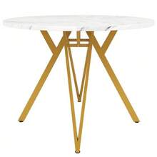 Matgrupp (5 delar), inklusive ett bord och fyra stolar, ett modernt köksset, ett runt bord 100 cm i diameter med guldfärgade metallben och MDF-skiva i marmorlook, samt grå stolar. - Guld - Visa 10