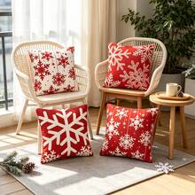 4PCS Christmas Decorative Pillow Cover, Red Snowflake And Christmas Tree Printed Cushion Cover, Farmhouse Style Suitable For Home Sofa And Living Room, Home Decor / Autumn Decoration / Room Decoration, Single-Sided Print, Pillow Insert Not Included - Red - View 1