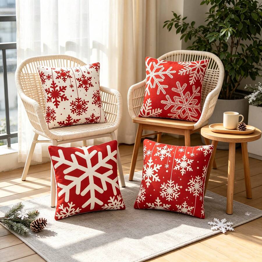4PCS Christmas Decorative Pillow Cover, Red Snowflake And Christmas Tree Printed Cushion Cover, Farmhouse Style Suitable For Home Sofa And Living Room, Home Decor / Autumn Decoration / Room Decoration, Single-Sided Print, Pillow Insert Not Included - Red - View 1