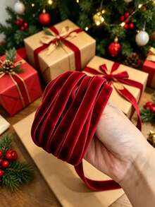 Burgundy Single-Sided Velvet Ribbon, DIY Bow Making Velvet Trim, Suitable For Bouquet Wrapping, Gift Box Decoration, Christmas Tree And Holiday Decor Supplies - Multicolor - View 3