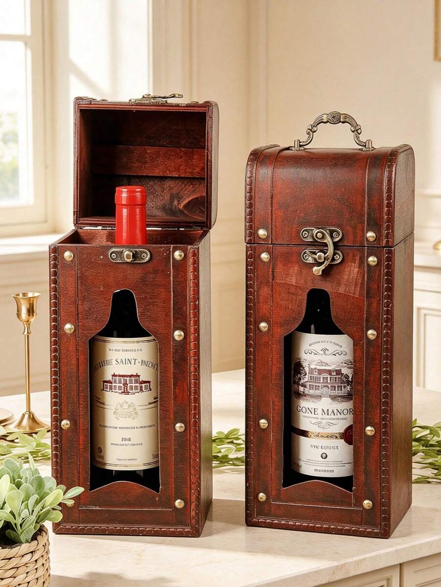 1pc Hollow Wooden Wine Storage Box European Vintage Style Dark Brown Rectangular Hollow Carved Details Dustproof Storage & Display Dual Use Wine Bottle Rack Suitable For Kitchen Restaurant Bar / Housewarming Gift