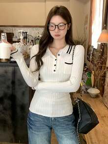 Atasan Dalaman Rajut Putih Kerah Polo Wanita, Pakaian Musim Gugur/Musim Dingin/Awal Musim Semi yang Lucu - Putih susu - View 6