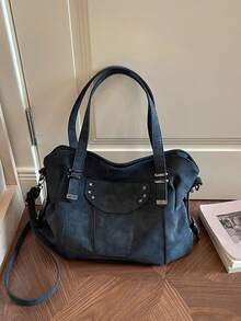 Vintage And Large Capacity Tote Bag, Decorated With Star Rivets And Adjustable Crossbody Shoulder Strap, Perfect For Shopping And Outings - Black - View 9