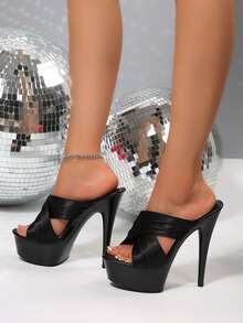 Black Solid Color Sexy Fabric Criss-Cross Strap 2026 High Heel Shoes Outdoor Summer - Black - View 7