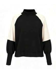 Sweatshirt Wanita Gaya Retro Musim Gugur/Dingin, Model Retro Colorblock Patchwork, Kerah Setengah Tinggi, Atasan Kasual Lengan Panjang Longgar dan Modis yang Menonjolkan Bentuk Tubuh. - Hitam - View 4
