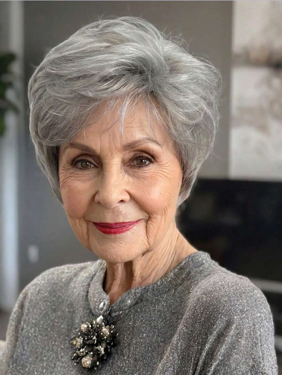 8 Inch Short Gray Wig For Middle-Aged And Elderly Women, With Rose Patterned Mesh Cap, Made Of High-Density Heat-Resistant Fiber, Straight Style, Suitable For Daily Wear Or Mother's Day, Beginners Can Quickly Increase Hair Volume And Coverage - Grey - View 1