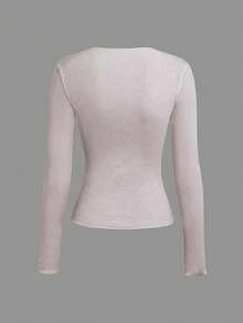 Atasan Rajut Bergaris Lengan Panjang Wanita, Kain Elastis Semi-Transparan, Ringan dan Nyaman, Potongan Reguler, Cocok untuk Musim Gugur dan Musim Semi - Dusty Purple - View 6