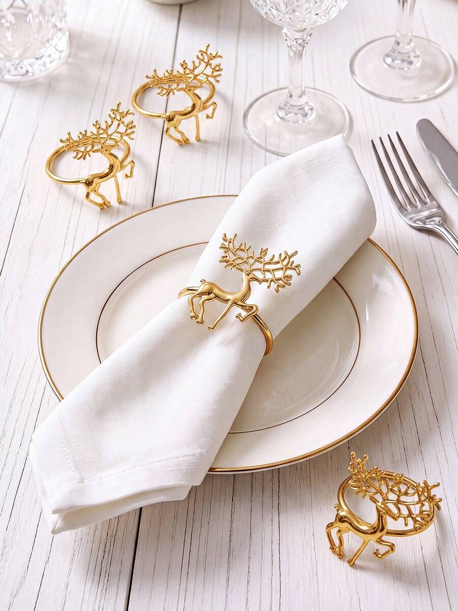 4-24pcs Zinc Alloy Deer Napkin Rings Suitable For Christmas Room Decor, Table Decor, Home Decor - Gold - View 1
