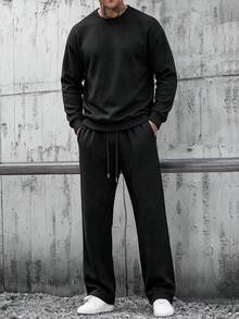 Black Waffle Knit Crew Neck Long Sleeve Sweatshirt & Wide Leg Sweatpants 2-Piece Set Men's Casual Sports Outfit - Black - View 1
