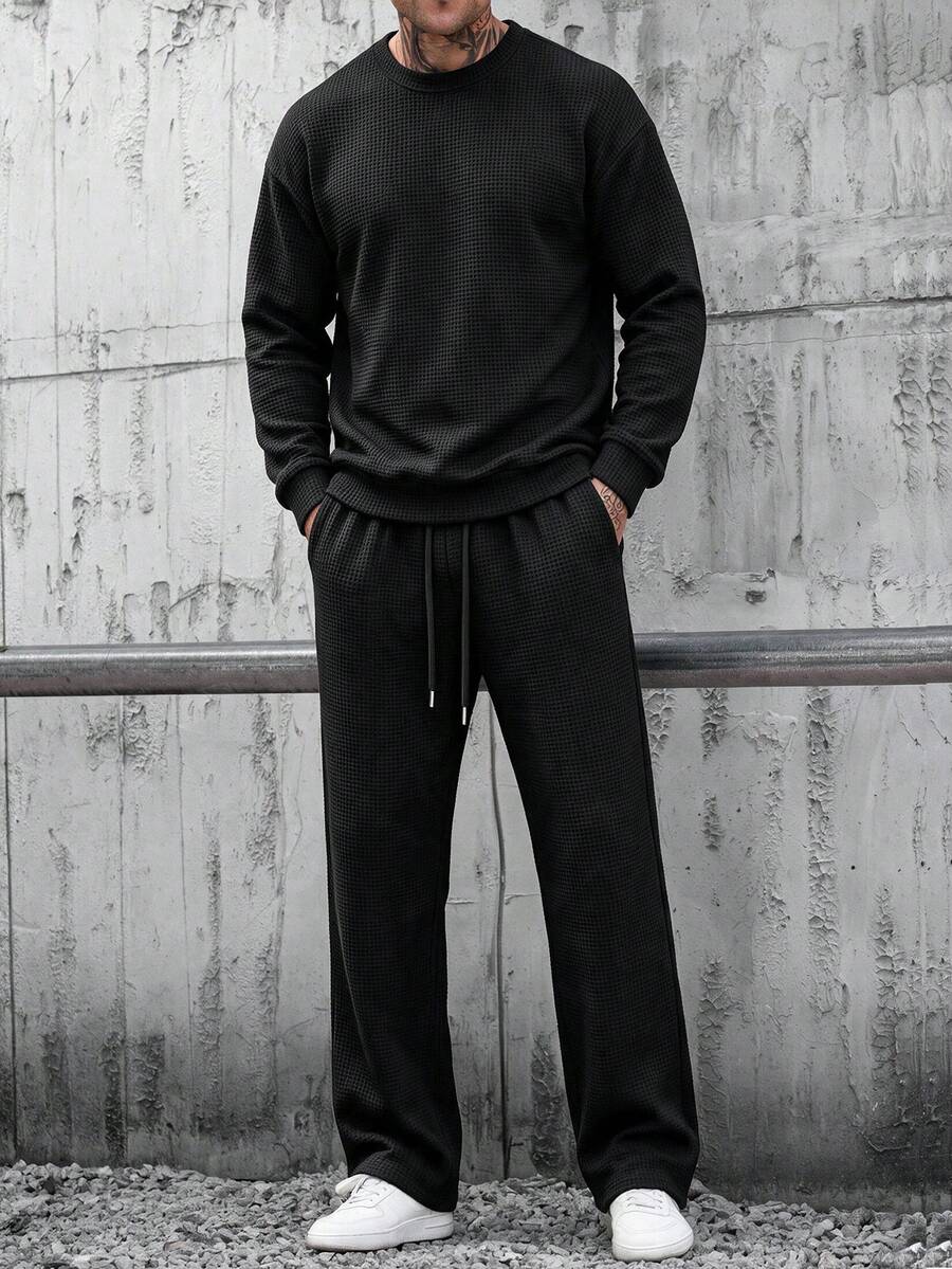 Black Waffle Knit Crew Neck Long Sleeve Sweatshirt & Wide Leg Sweatpants 2-Piece Set Men's Casual Sports Outfit - Black - View 1