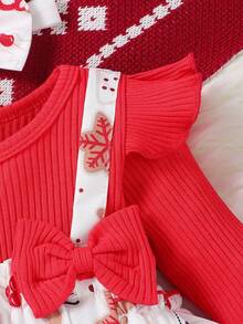 Baby Girl Christmas Santa Claus Snowman Cartoon Pattern Round Neck Long Sleeve 2 In 1 Suspender Bodysuit And Headband - Red - View 7