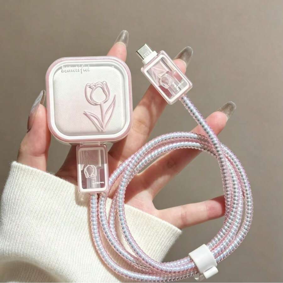 Pink Tulip 40W Charger Protective Case For 17 Pro Max, 17 Pro/16/15 Data Cable Protector - 40W Photo Frame Tulip Print - View 1