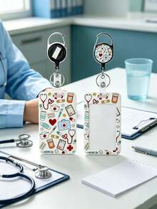 Medical Element Cartoon Card Holder Set, Pink Medical Pattern Acrylic ID Badge Holder, With Retractable Lanyard And Long Neck Strap, Nurse Student ID Card Holder, Anti-Loss Portable, Fresh Sweet Style, Suitable For Commuting, Work, Campus Use, Recommended Gift For Family, Friends, Colleagues - Multicolor - View 5