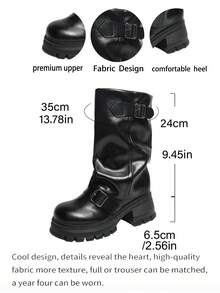 Women's Mid-Calf Solid Color Versatile Buckle Decor Boots, All-Season Comfortable Fashion Versatile Women's Boots - Black - View 6