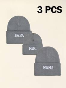 3件組家庭針織毛帽冬季套裝，柔軟保暖舒適，DAD MAM MINI字母刺繡，無帽簷帽，適合戶外運動 - 彩色 - 查看 13