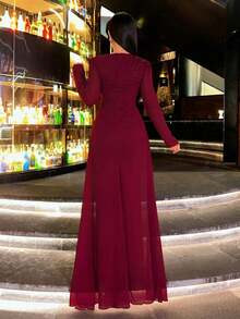 CHOSMO Women's Plus Size Solid Color Applique Decor Casual Evening Dress - Burgundy - View 2