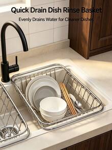 1pc Expandable Rustproof Stainless Steel Over Sink Dish Drainer Basket, Adjustable Telescopic Kitchen Sink Storage Rack, Dish Drying Holder For Plates, Bowls, Chopsticks & Tableware, Space Saving Kitchen Counter Organizer Home Gadget - Multicolor - View 3