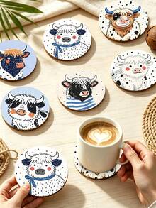 1/6pcs Cute Highland Cow Print Wooden Coasters, Cartoon Spotted Style Yak Art Drink Coasters Set, Coffee Table Heat-Resistant Coasters, Home Decor, Kitchen Bar, Party Table Protection, Non-Slip Beverage Coasters, Cow Lover Housewarming Gift - Multicolor - View 6
