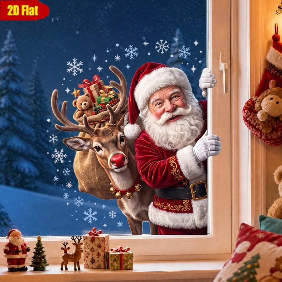 1pc Christmas Holiday Atmosphere Static Window Sticker, Santa Claus Reindeer Gift Teddy Bear Home Door Window Decorative Decal - Multicolor - View 1