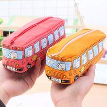 1pc Kids Cute Bus Canvas Pencil Case,With 2Pcs Random Mechanical Pencils,High Capacity Cartoon Car Pouch,School Stationery Storage Bag,Back To School - Multicolor - View 5