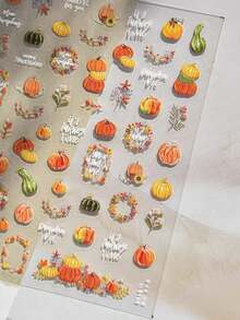 1pc Autumn Pumpkin Floral Leaf Pattern Decorative Sticker, Wreath & Text Element Combination, Comes With Tweezers, Vintage Autumn Vibe Decorative Patch, Suitable For IPad, Phone, Laptop, Earphones And More - Pumpkin Style - View 3