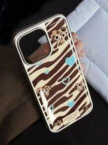 1pc Bow Leopard Heart Resin Electroplated Silver Edge Phone Case - Compatible With Phone 18 Pro Max, 18 Pro, 18, 17 Pro Max, 17 Pro, 17, 16 Pro Max, 16 Pro, 16, 15 Pro Max, 15 Pro, 14 Pro Max, 14 Pro, 14, 13 Pro Max, 13 Pro, 13, 12 Pro Max, 11, Phone Protective Cover, Brown Tone Suitable For Autumn/Winter - Silver - View 2