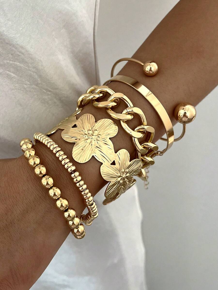 6pcs Multi-Layer Stackable Fashion Minimalist Elegant Exquisite Vintage Design Geometric Ribbon Flower Round Bead Asymmetrical Beaded Cuban Chain Metal Glossy Minimalist Plain Circle CCB Exaggerated Wide Chunky Bracelet Set, Holiday Vacation Party Date Gift, Daily Commute Wear, Personalized - Yellow Gold - View 1