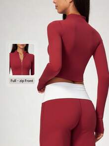 NcmRyu Women's 1pc Solid Color Stand Collar Zipper Thumb Hole Cuff Short Jacket Coat, Autumn/Winter - Red - View 11