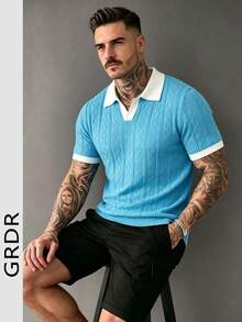 Kemeja Rajut Lengan Pendek Pria GRDR dengan Desain Trim Kontras - Kaos Kasual Modis - Mint Blue - View 3