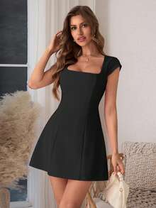 Women's Summer Black Valentine's Day Dress, Short Sleeve Square Neck A-Line Mini Party Dress, Elegant For Dates, Parties And Beach - Black - View 3