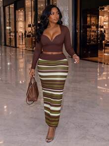 Fashion Solid Color Long Sleeve Diamond Neckline Bust Design Cropped Top + Contrast Stripe Slit Long Skirt Set, Autumn/Winter Brown & Green Two Pieces Outfit, Party & Street Style - Green-brown - View 1