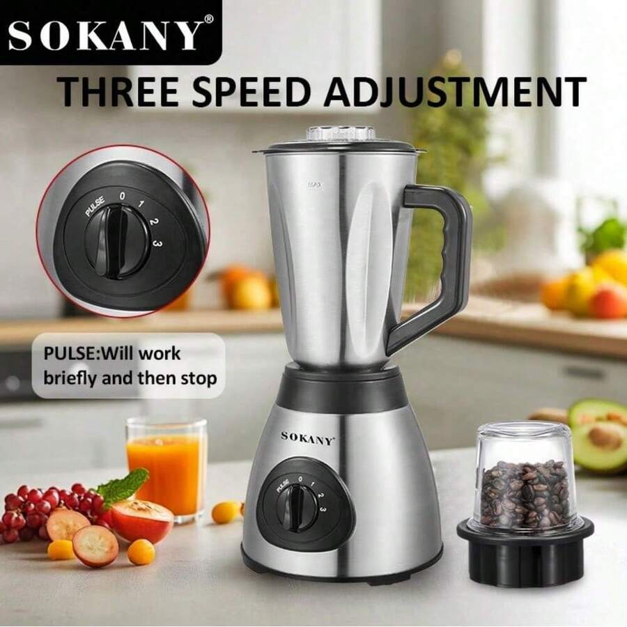 SOKANY 03012 Multi-Function Blender And Food Processor, Juice, Crush Ice, Grind And Cook All-In-One. 3 Speed Settings, Includes Grinding Cup, 2-In-1 Design, 1.5L Capacity, Stainless Steel Blades - Silver - View 1